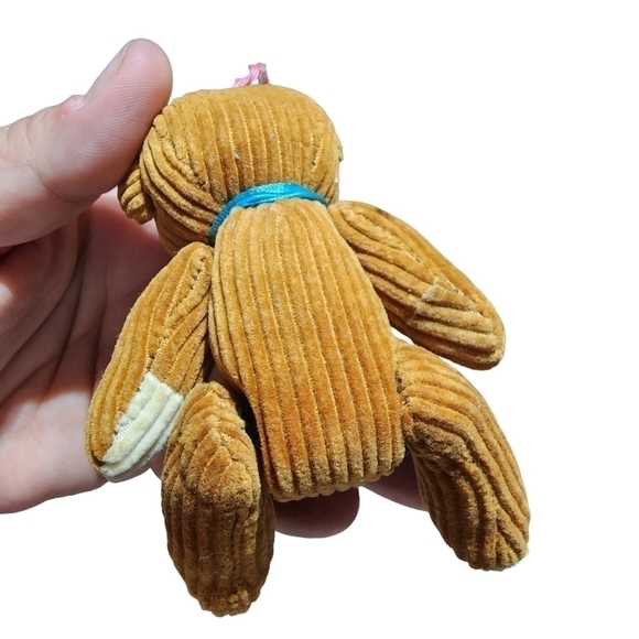 Vintage mini Corduroy bear ornament tan with blue bow moveable - Picture 13 of 13